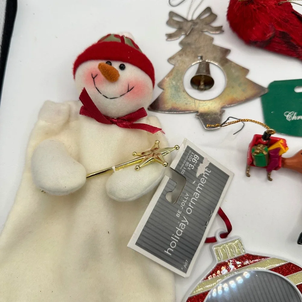 VTG 90s Christmas Ornament Lot 7 pc Snowman Cardinal Reindeer Tree Photo Frame